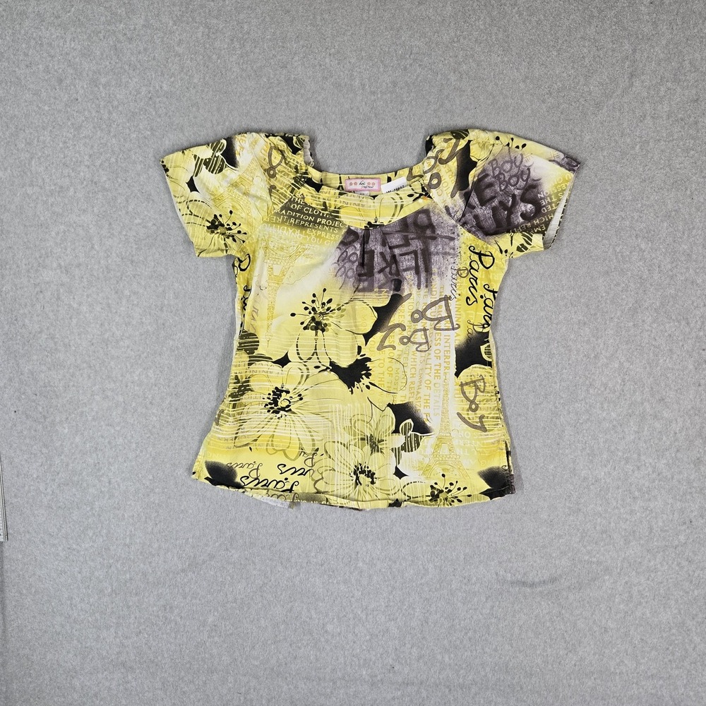Koi By Kathy Peterson Women Scrub Top XS Yellow Floral Button Scoop Neck